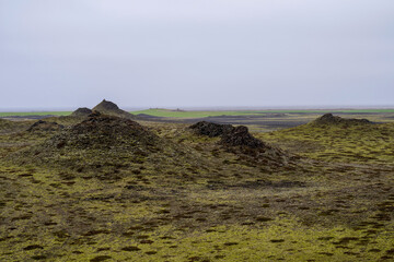 Landscape in southern iceland in summe ron a foggy day
