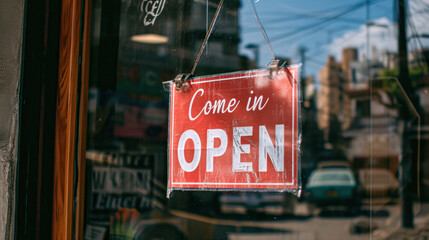A business sign that says ‘Come in We’re Open’ on cafe/restaurant window.