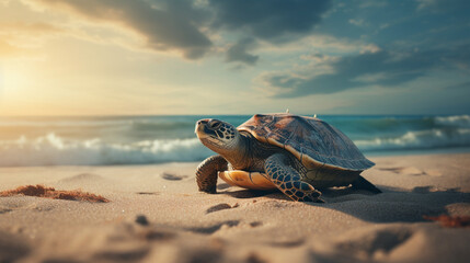 A turtle on a beach - obrazy, fototapety, plakaty