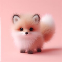 Сute fluffy red baby fox toy on a pastel pink background. Minimal adorable animals concept. Wide screen wallpaper. Web banner with copy space for design.