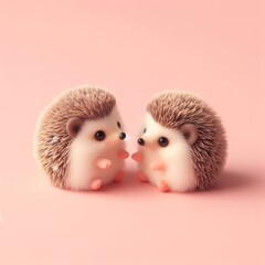 Couple of cute fluffy baby hedgehog toys on a pastel pink background. Saint Valentine's Day love concept. Wide screen wallpaper. Web banner with copy space for design. - obrazy, fototapety, plakaty