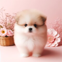 Obraz premium Сute fluffy white Japanese chin puppy toy on a pastel pink flowers background. Minimal adorable animals concept. Wide screen wallpaper. Web banner with copy space for design.