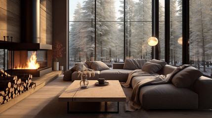 Rustic Warmth: Modern Living Room with Daybed Sofa and Cozy Fireplace