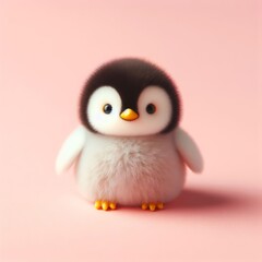 Сute fluffy baby penguin bird toy on a pastel pink background. Minimal adorable animals concept. Wide screen wallpaper. Web banner with copy space for design.
