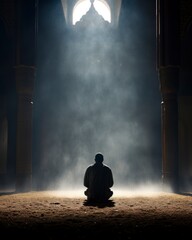 Silhouette of a Muslim man praying, surrounded by lots of light dew smoke, copy space - generative ai