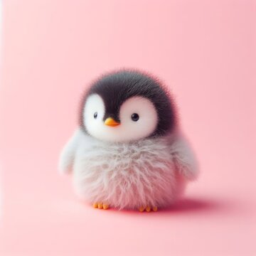 Сute Fluffy Baby Penguin Bird Toy On A Pastel Pink Background. Minimal Adorable Animals Concept. Wide Screen Wallpaper. Web Banner With Copy Space For Design.