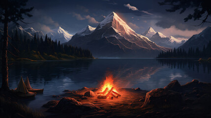 Fototapeta na wymiar Lake and mountain campfire