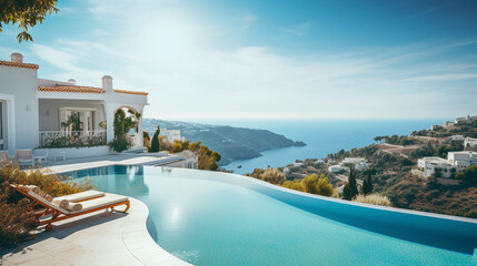 Obraz premium Hillside Elegance: White House with Pool Offering Stunning Sea Views for Summer Getaways