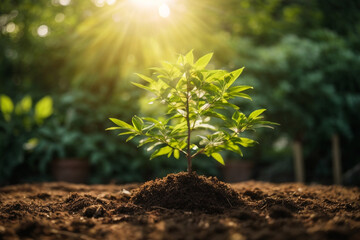 Seedlings grow in soil.Planting trees to reduce global warming. - obrazy, fototapety, plakaty