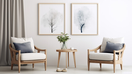 Scandinavian Serenity: Two Armchairs in a Modern Living Room with White Wall