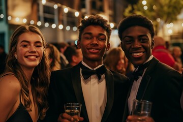 A group of teenagers dressed in suits and dresses celebrates their school graduation