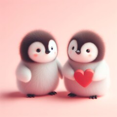 Couple of cute fluffy baby penguin toys with red heart figurine on a pastel pink background. Saint Valentine's Day love concept. Wide screen wallpaper. Web banner with copy space for design.