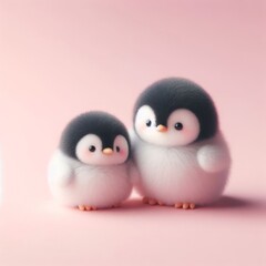 Couple of cute fluffy baby penguin toys on a pastel pink background. Saint Valentine's Day love concept. Wide screen wallpaper. Web banner with copy space for design.