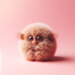 Сute fluffy baby Philippine tarsier toy with big eyes on a pastel pink background. Minimal adorable animals concept. Wide screen wallpaper. Web banner with copy space for design.