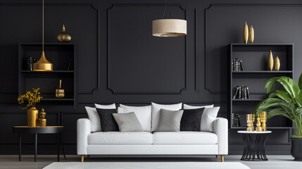 Sleek Sophistication: Modern Living Room with White Sofa and Black Wall Shelves