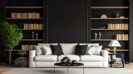 Contrast and Elegance: White Sofa Against Black Wall in Art Deco Living Room