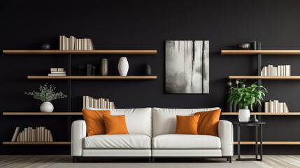 Contrast and Elegance: White Sofa Against Black Wall in Art Deco Living Room