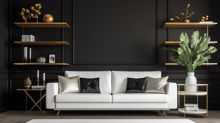 Deco Drama: White Sofa Against Stylish Black Wall in Contemporary Interior
