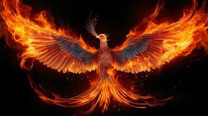 beautiful phoenix on fire on a black background - obrazy, fototapety, plakaty