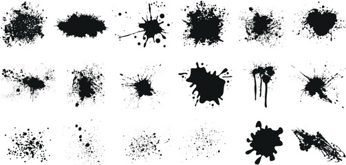 Ink splatter, abstract art vector set. Perfect for backgrounds, textures, overlays. Unique shapes and patterns, varying in size and density. Dense and dispersed splatters creating abstract art.