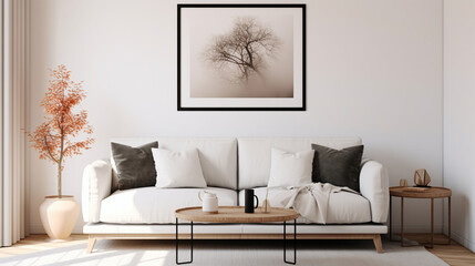 Elegant Fusion: Scandinavian Boho Living Room with White Sofa and Artful Wall