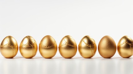 Easter eggs decorated with gold stand in a row on a white background with a copy space. Spring, Easter concepts.