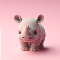 Сute gray baby rhinoceros toy on a pastel pink background. Minimal adorable animals concept. Wide screen wallpaper. Web banner with copy space for design.