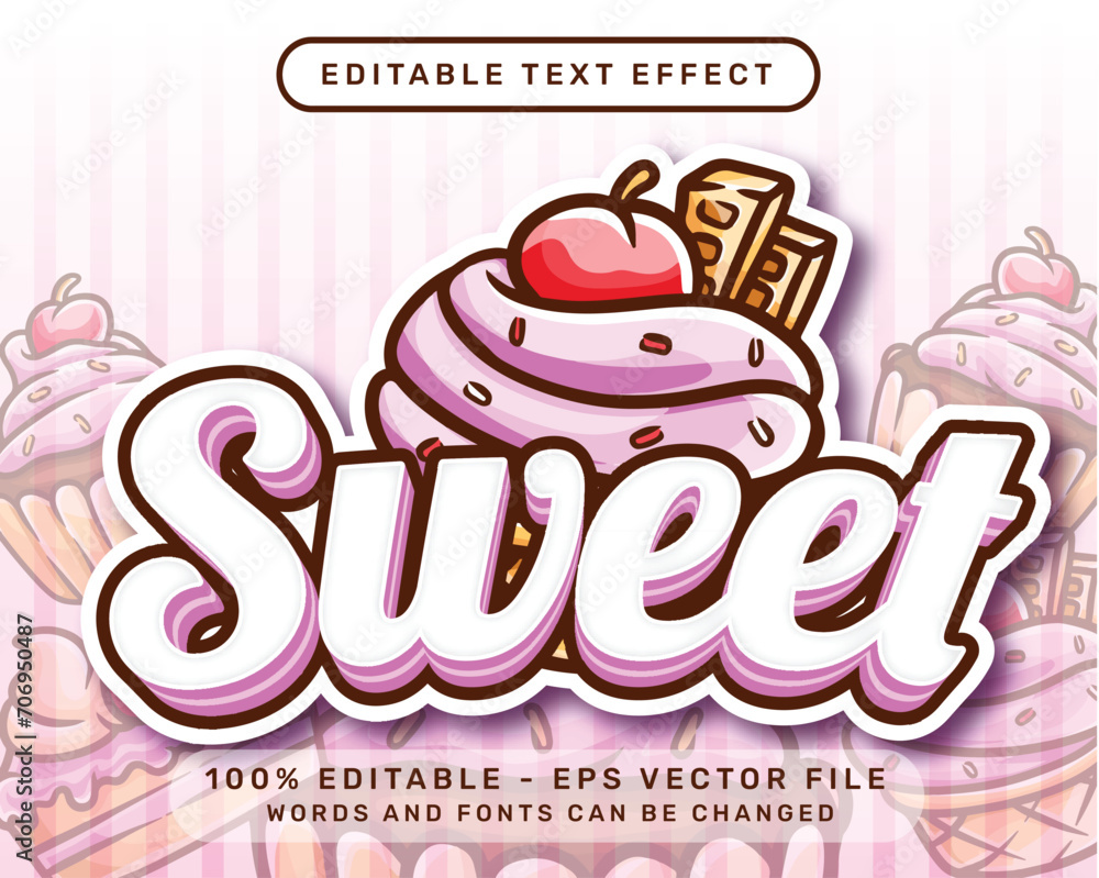 Poster sweet 3d text effect and editable text effect with cake illustration