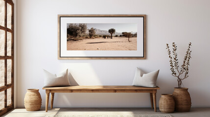 Country Welcome: Modern Entrance Hall with Wooden Bench and Poster on White Wall