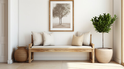 Country Welcome: Modern Entrance Hall with Wooden Bench and Poster on White Wall