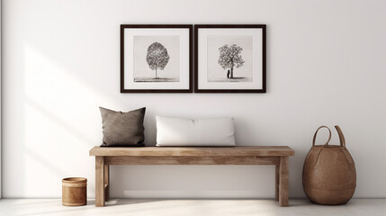 Rustic Entryway Charm: Wooden Bench Against White Wall with Poster Frame in Ethnic Farmhouse