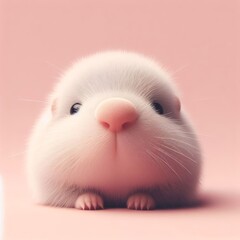 Сute fluffy white baby mouse toy with big nose on a pastel pink background. Minimal adorable animals concept. Wide screen wallpaper. Web banner with copy space for design.