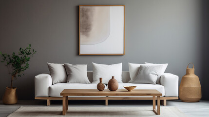 Fototapeta na wymiar Clean Lines and Comfort: Minimalist Living Room with Wooden Coffee Table and White Sofa