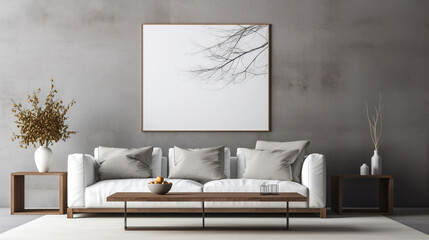 Clean Lines and Comfort: Minimalist Living Room with Wooden Coffee Table and White Sofa
