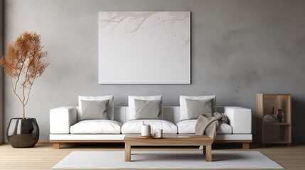 Clean Lines and Comfort: Minimalist Living Room with Wooden Coffee Table and White Sofa