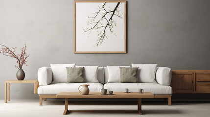 Modern Sophistication: Grey Wall with Art Poster, White Sofa, and Wooden Coffee Table