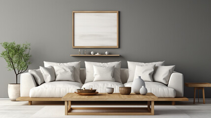 Modern Sophistication: Grey Wall with Art Poster, White Sofa, and Wooden Coffee Table