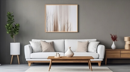Fototapeta na wymiar Modern Sophistication: Grey Wall with Art Poster, White Sofa, and Wooden Coffee Table
