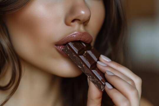 Gorgeous young lady consuming dark chocolate. Generative Ai.