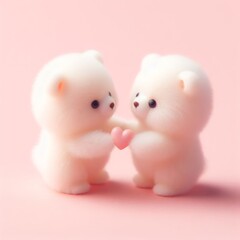 Couple of cute fluffy white baby bear toys with a heart shaped figurine on a pastel pink background. Saint Valentine's Day love concept. Wide screen wallpaper. Web banner with copy space for design.