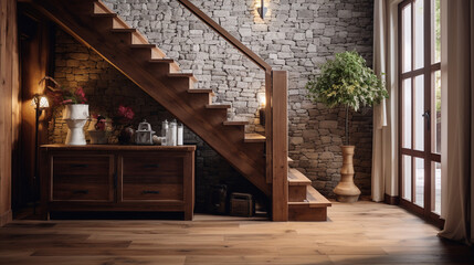 Obraz premium Rustic Entryway Charm: Wooden Staircase and Stone Cladding Wall in Modern Hallway