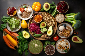 Flat lay a collection of daily plant-based foods - a variety of colorful fruits, vegetables and cereals for a wholesome diet