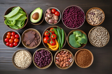 Top view selection of nutritious plant-based foods, including fruits, veggies, nuts, and grains