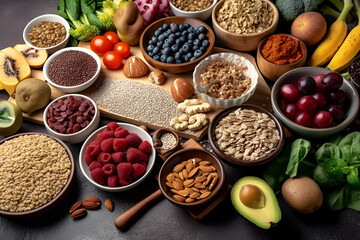 An assortment of healthy plant-based foods, offering a diverse range of fruits, vegetables and cereals