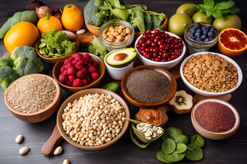 A variety of nutrient-packed plant-based foods, such as fresh fruits, leafy greens and whole grains