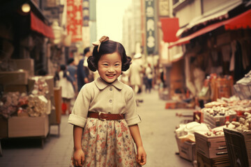 昭和の商店街と女の子。古い写真、架空の昭和、A photo of a nostalgic townscape...