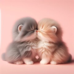 Couple of cute fluffy gray baby kitten toys kissing on a pastel pink background. Saint Valentine's Day love concept. Wide screen wallpaper. Web banner with copy space for design.