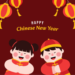 Chinese new year elements in modern minimalist geometric style. Colorful illustration in flat vector cartoon style. Cute boy, girl in chinese traditional costume on red isolated background.