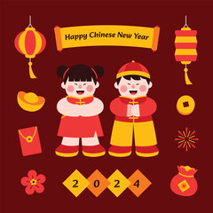 Chinese new year elements in modern minimalist geometric style. Colorful illustration in flat vector cartoon style. Cute boy, girl in chinese traditional costume on red isolated background.