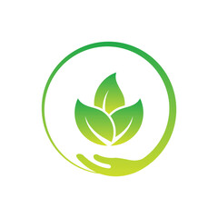 Hand and leaves circle logo design template